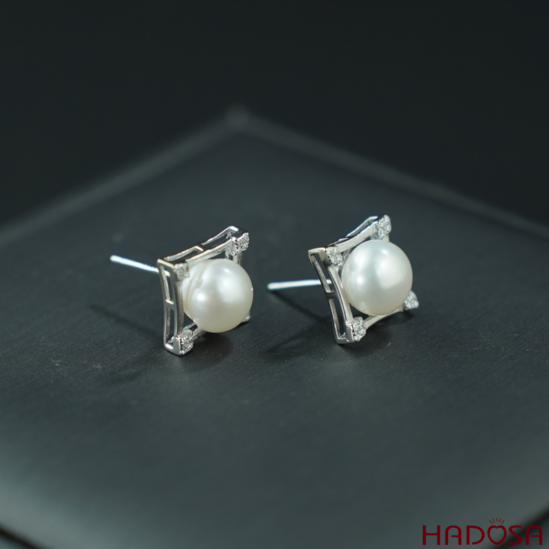 Bông tai ngọc trai hạt bầu 8-8.5mm bạc 925