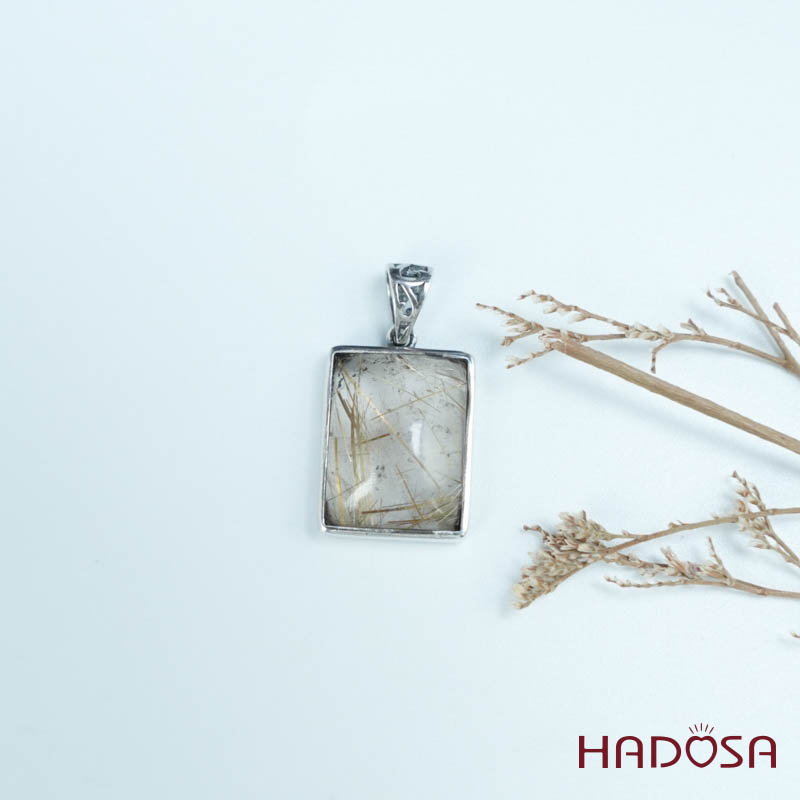 Mặt thạch anh tóc vàng chữ nhật 15x19mm bạc 925