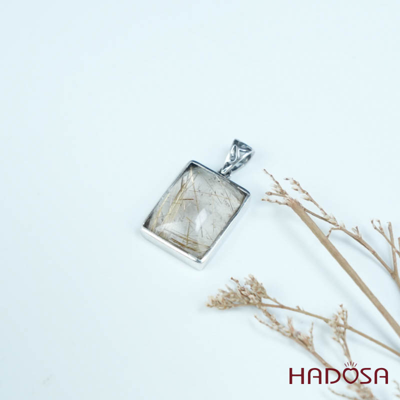 Mặt thạch anh tóc vàng chữ nhật 15x19mm bạc 925