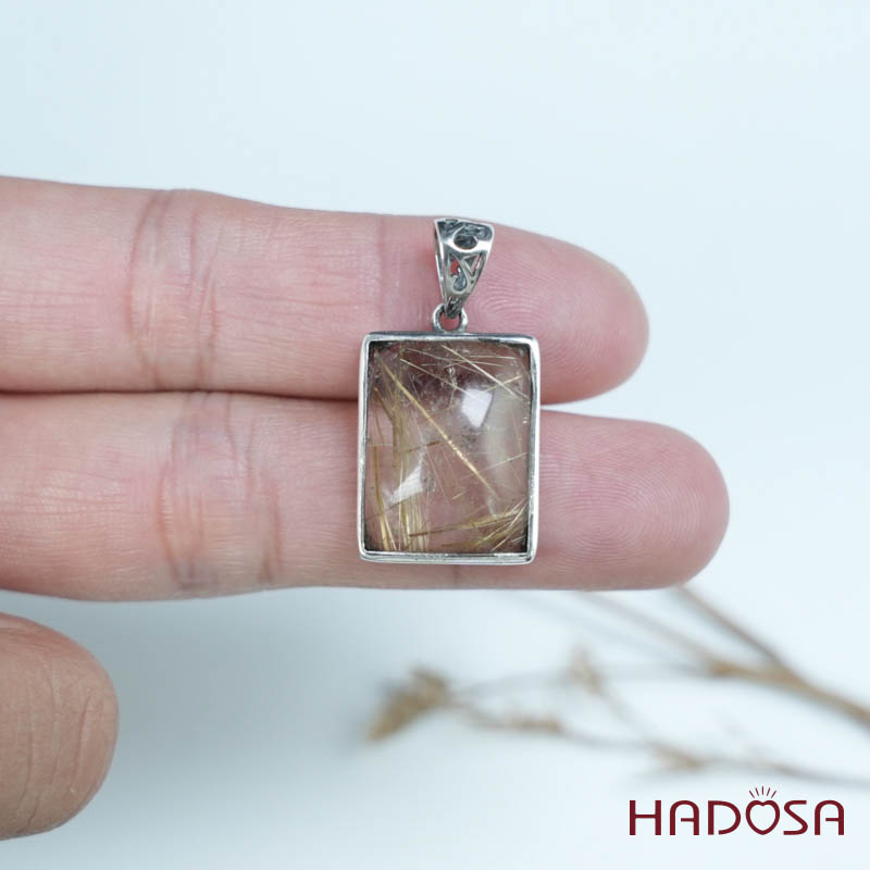 Mặt thạch anh tóc vàng chữ nhật 15x19mm bạc 925