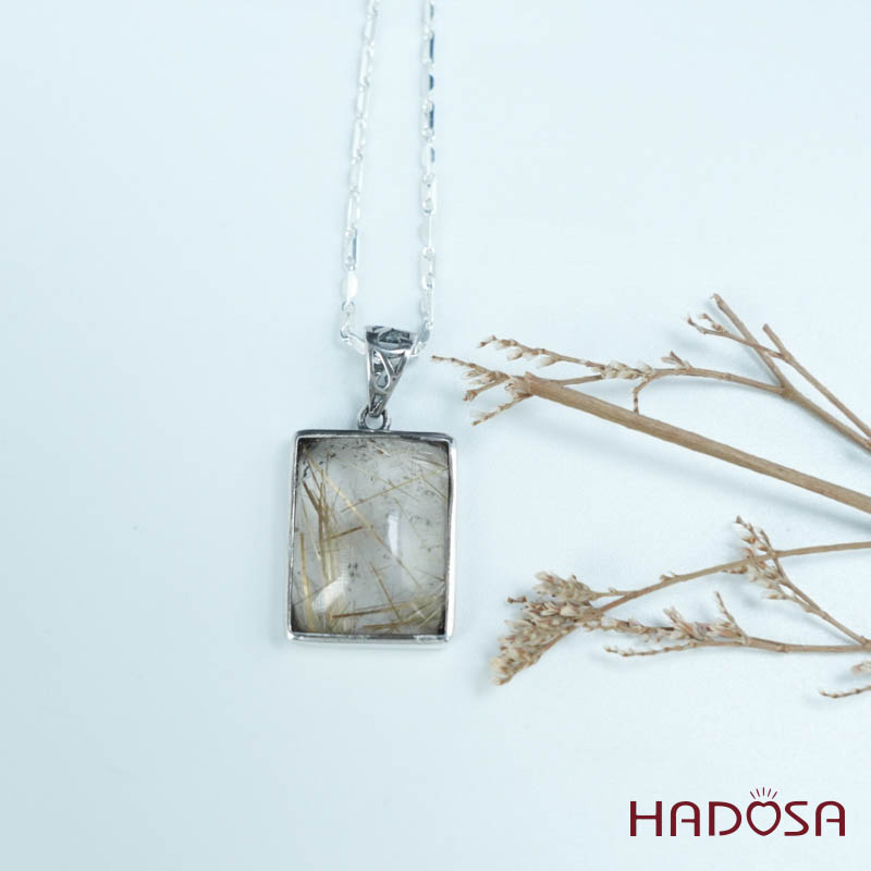 Mặt thạch anh tóc vàng chữ nhật 15x19mm bạc 925