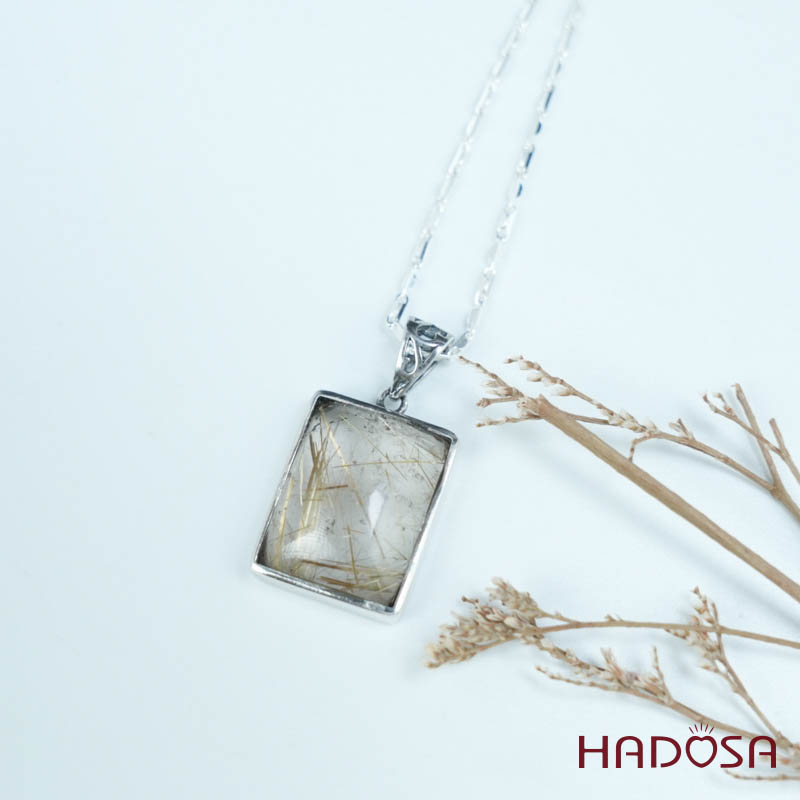 Mặt thạch anh tóc vàng chữ nhật 15x19mm bạc 925