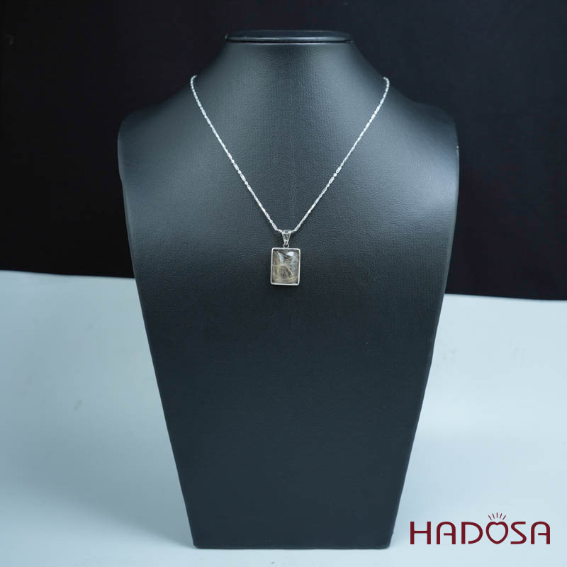 Mặt thạch anh tóc vàng chữ nhật 15x19mm bạc 925