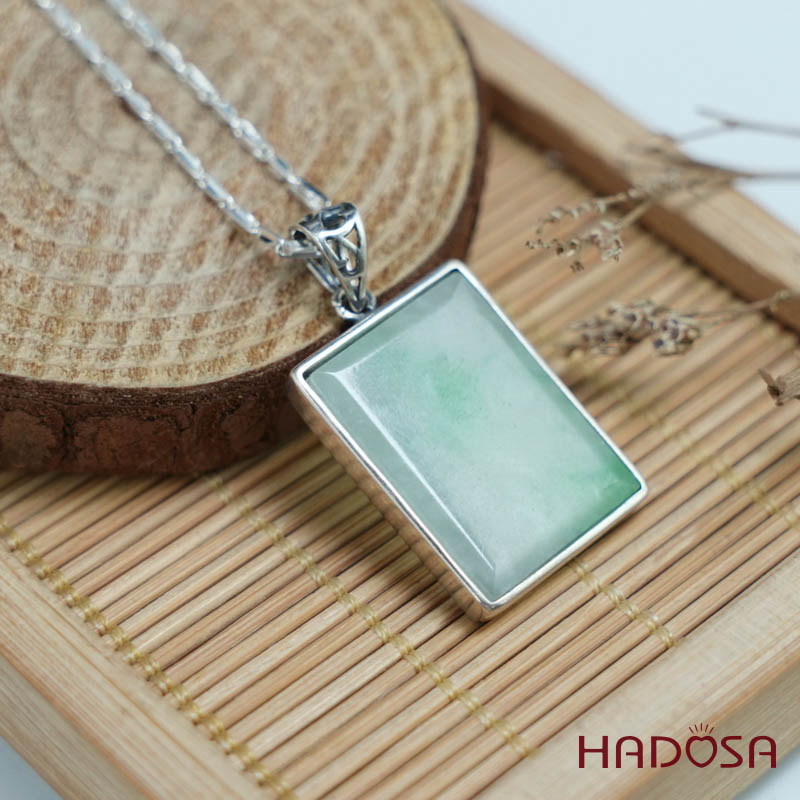 Mặt Cẩm thạch chữ nhật xanh lí bọc bạc 18x24mm