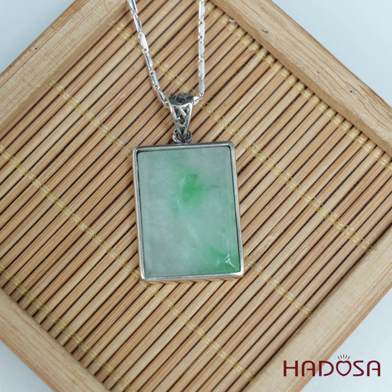 Mặt Cẩm thạch chữ nhật xanh lí bọc bạc 18x24mm