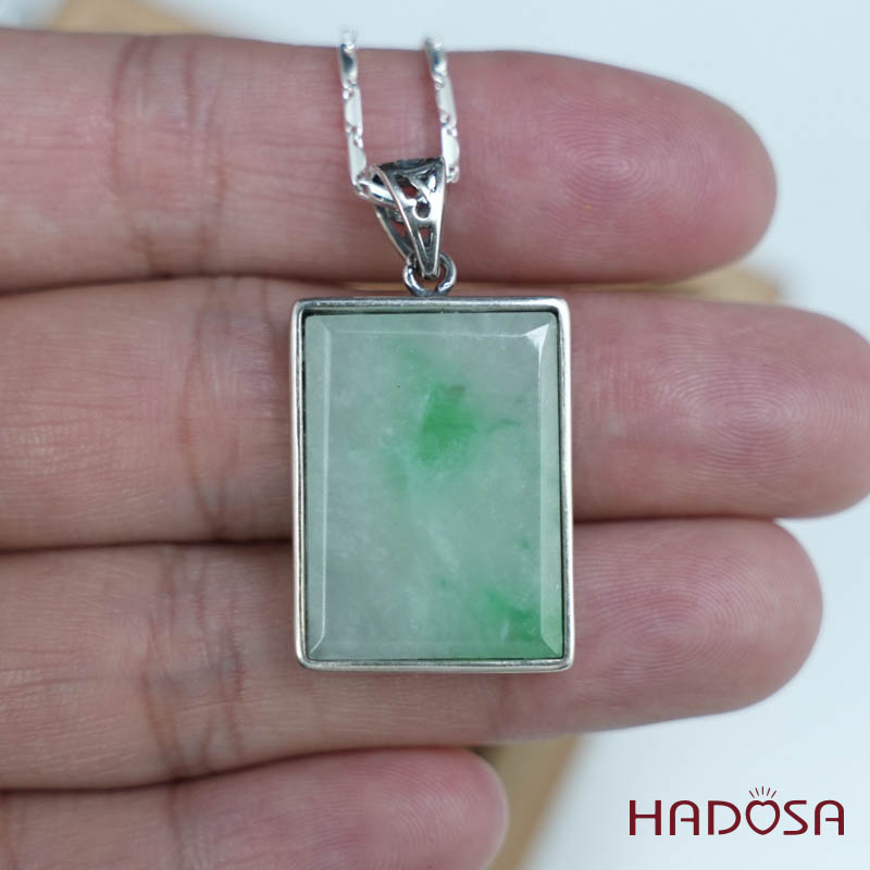 Mặt Cẩm thạch chữ nhật xanh lí bọc bạc 18x24mm