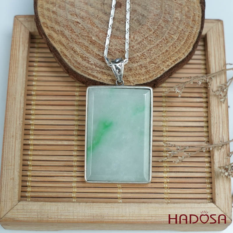 Mặt Cẩm thạch chữ nhật xanh lí bọc bạc 22x32mm