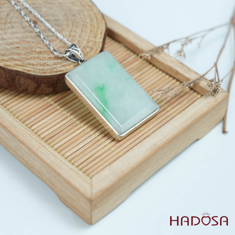 Mặt Cẩm thạch chữ nhật xanh lí bọc bạc 22x32mm