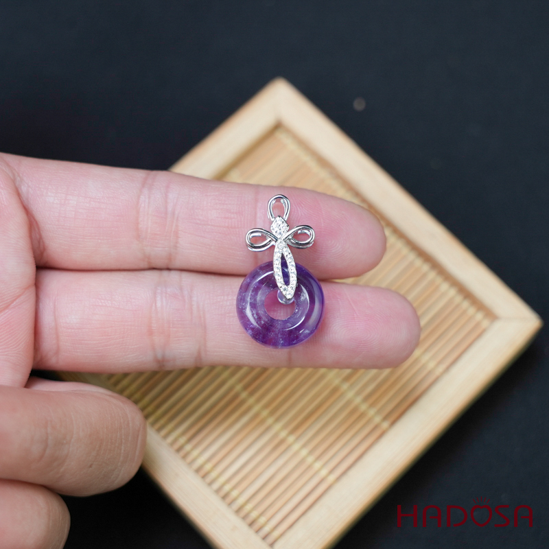 Mặt đồng điếu thạch anh tím khoen bạc 925