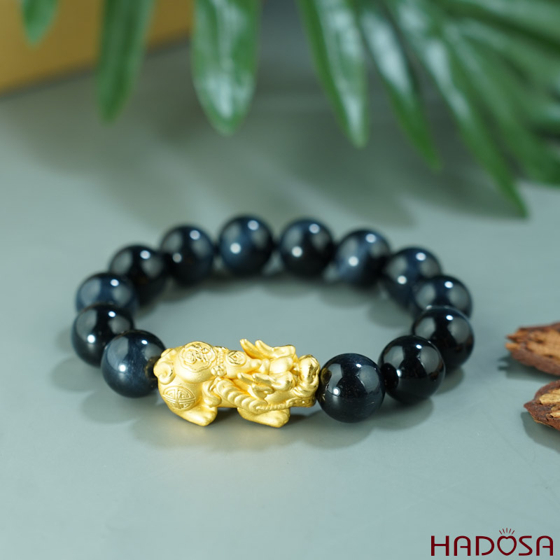 Vòng Thạch Anh Mắt Chim Ưng 14mm mix Tỳ Hưu bạc mạ vàng