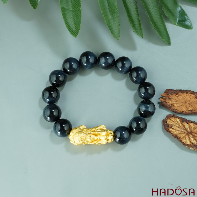 Vòng Thạch Anh Mắt Chim Ưng 14mm mix Tỳ Hưu bạc mạ vàng