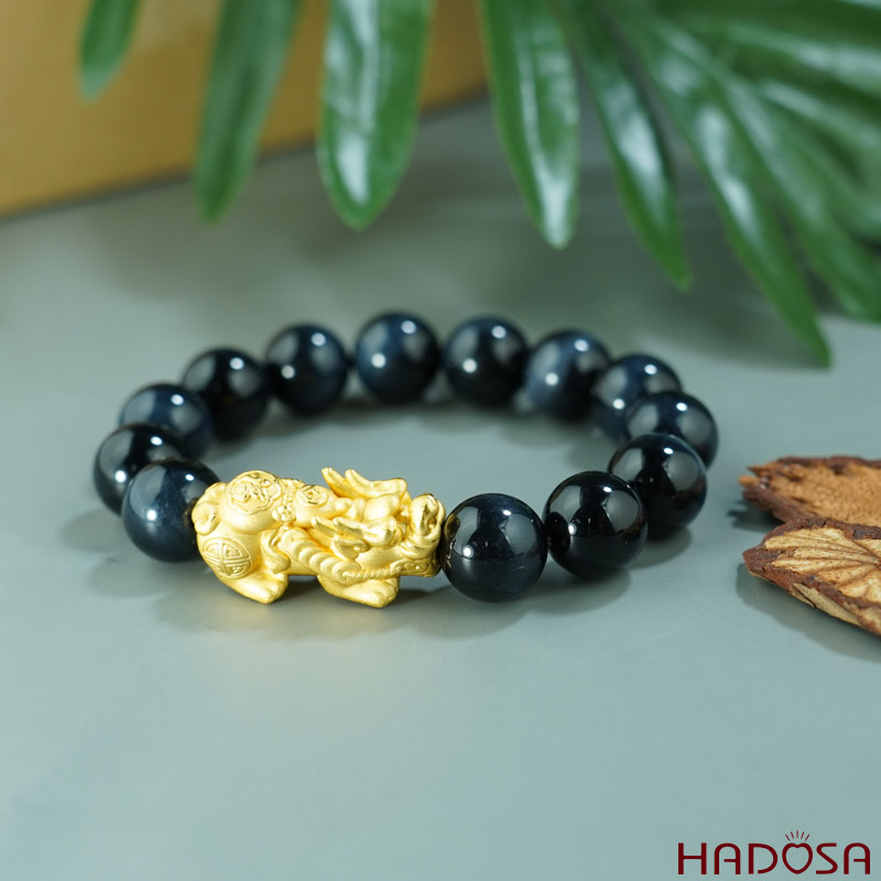 Vòng Thạch Anh Mắt Chim Ưng 14mm mix Tỳ Hưu bạc mạ vàng