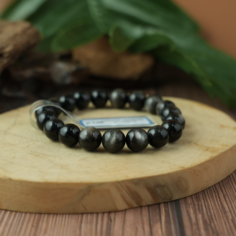 Vòng Tay Đá Obsidian-Hắc Diện Thạch Ánh Bạc 10mm