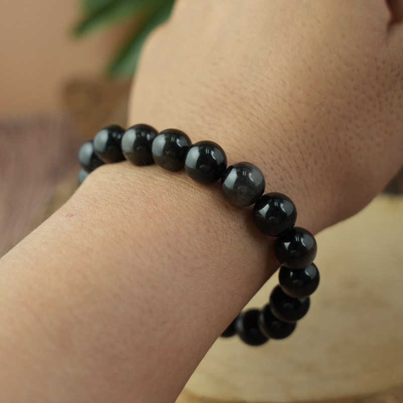 Vòng Tay Đá Obsidian-Hắc Diện Thạch Ánh Bạc 10mm