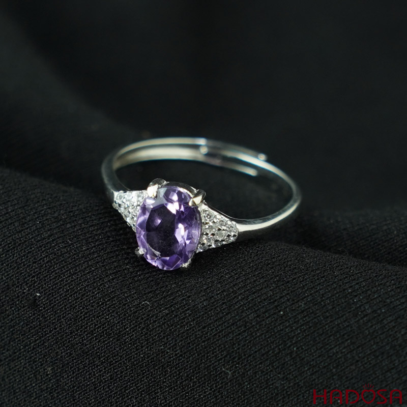 Nhẫn bạc đính đá Thạch Anh Tím 6*8mm