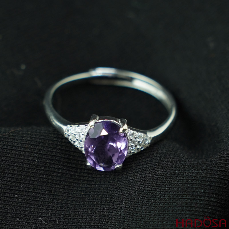 Nhẫn bạc đính đá Thạch Anh Tím 6*8mm