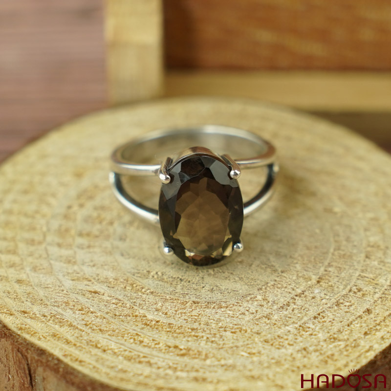 Nhẫn nữ Thạch anh khói bạc 925 cao cấp size 15