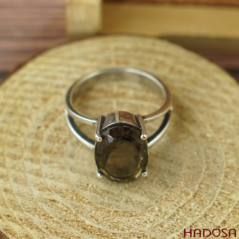 Nhẫn nữ Thạch anh khói bạc 925 cao cấp size 15