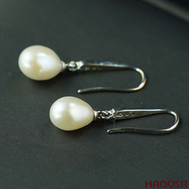 Bông tai ngọc trai hạt gạo 8-9mm bạc 925