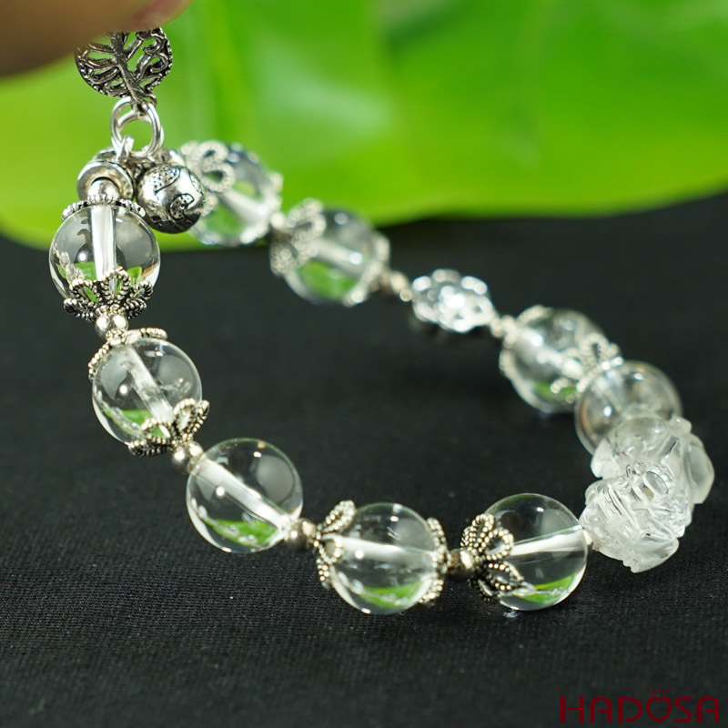 Vòng Thạch anh trắng 10mm mix charm bạc 925