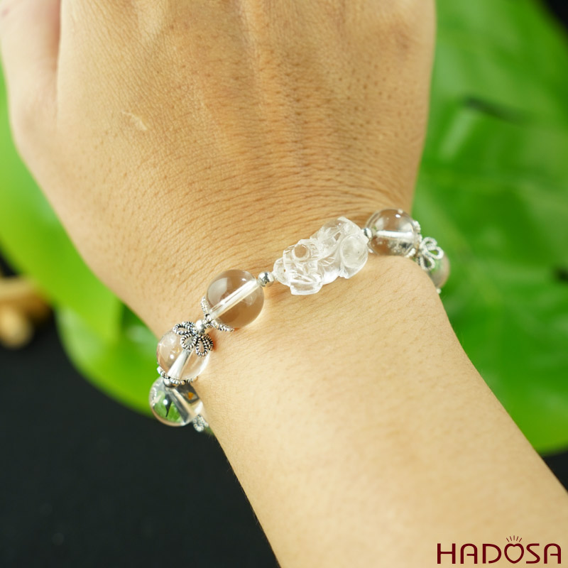 Vòng Thạch anh trắng 10mm mix charm bạc 925