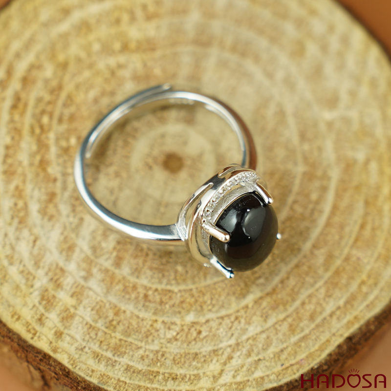 Nhẫn bạc đính đá Chalcedony đen oval 8x10mm