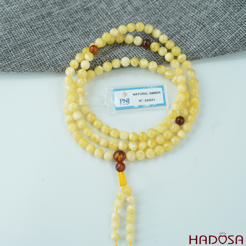 Vòng Hổ Phách vân sữa phớt bơ 108 hạt 06mm