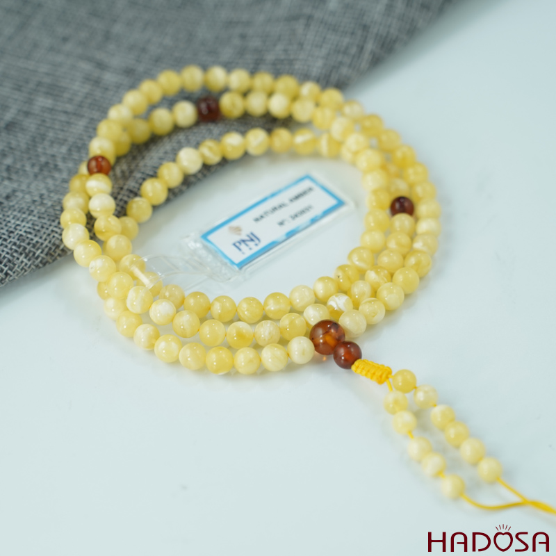 Vòng Hổ Phách vân sữa phớt bơ 108 hạt 06mm