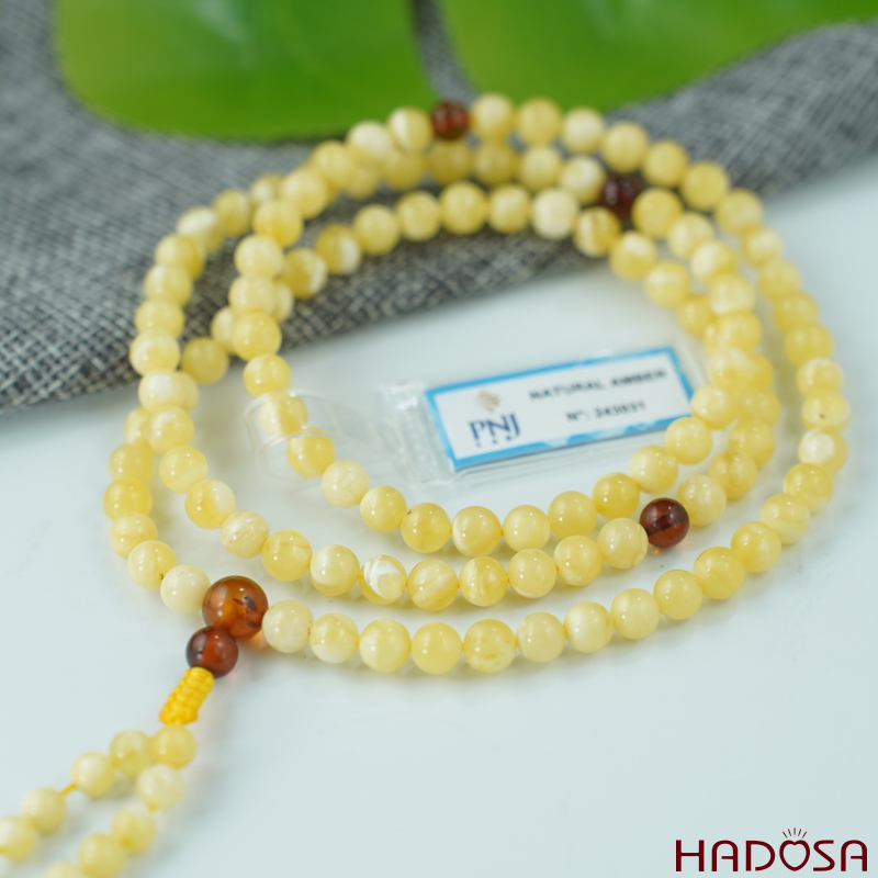 Vòng Hổ Phách vân sữa phớt bơ 108 hạt 06mm