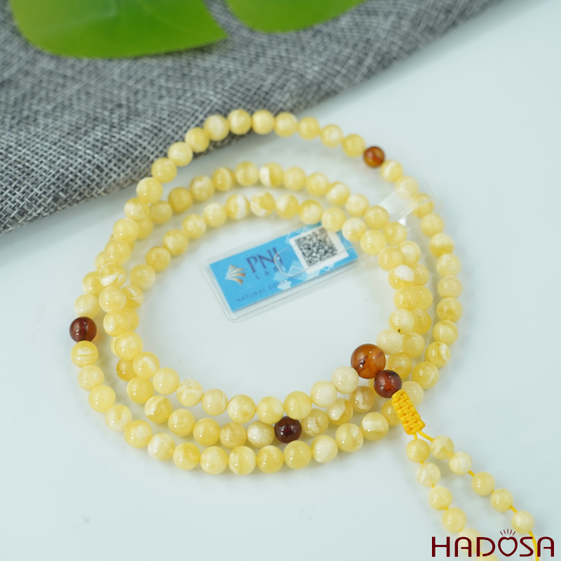 Vòng Hổ Phách vân sữa phớt bơ 108 hạt 06mm