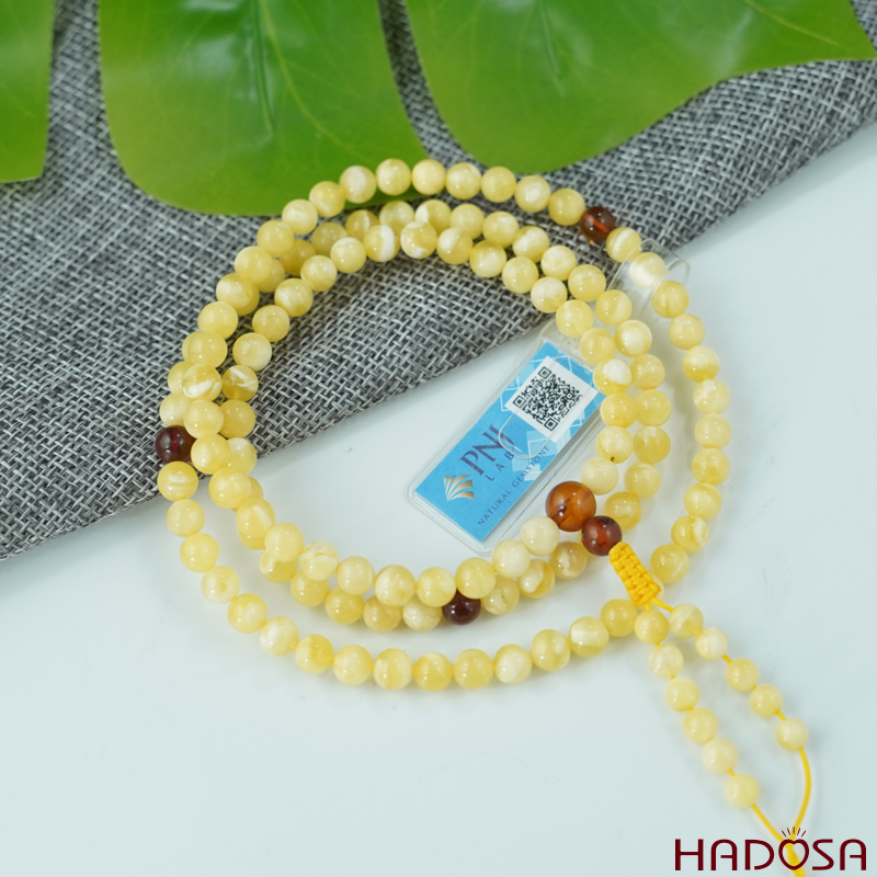 Vòng Hổ Phách vân sữa phớt bơ 108 hạt 06mm