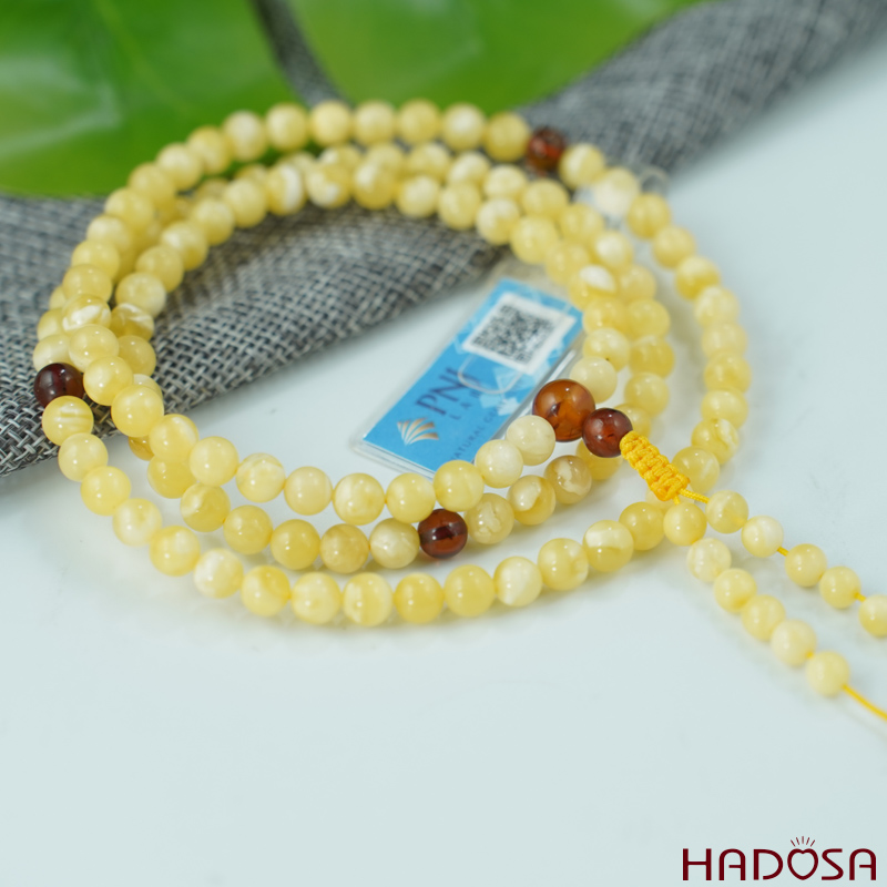 Vòng Hổ Phách vân sữa phớt bơ 108 hạt 06mm