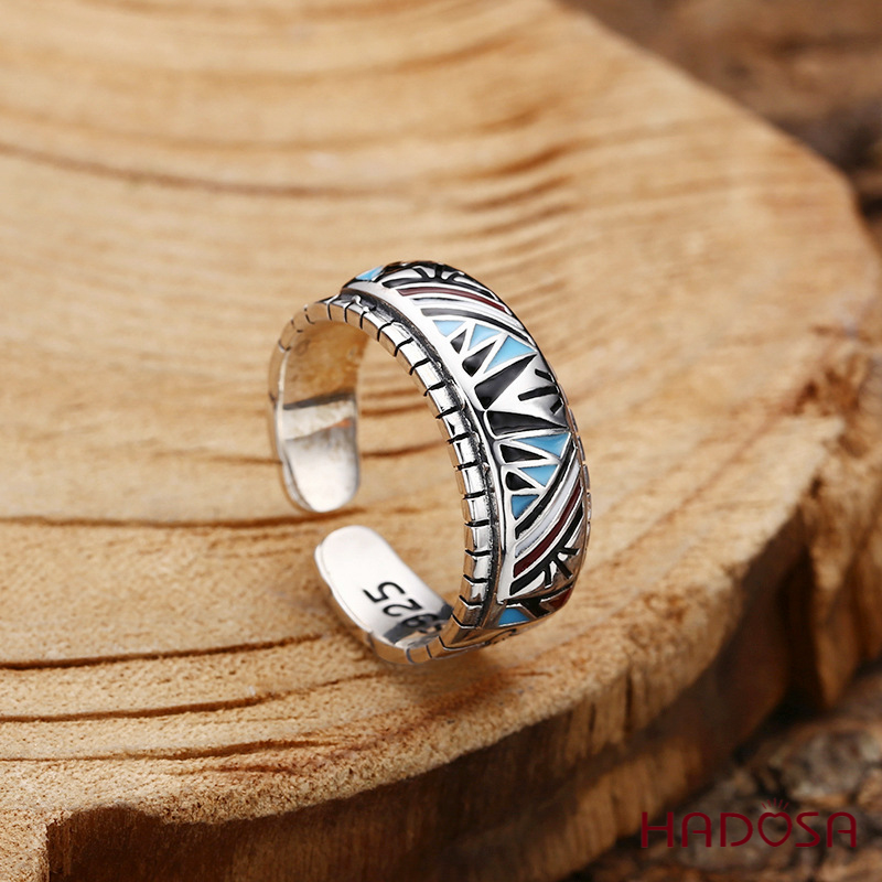 Nhẫn bạc Thái mở họa tiết hình học bộ lạc