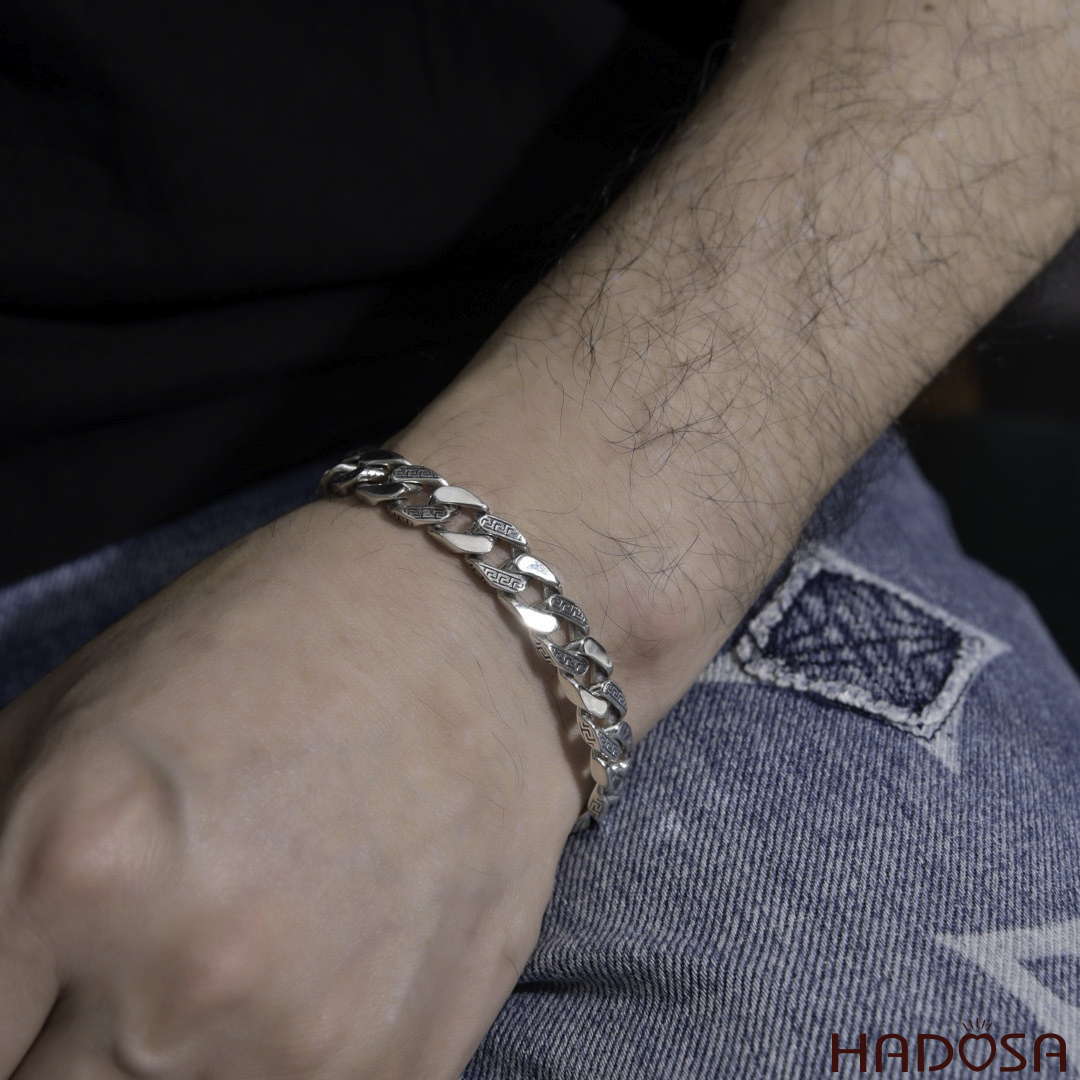 Vòng Tay Nam Bạc Thái Cuban Họa Tiết Meander Cổ Điển