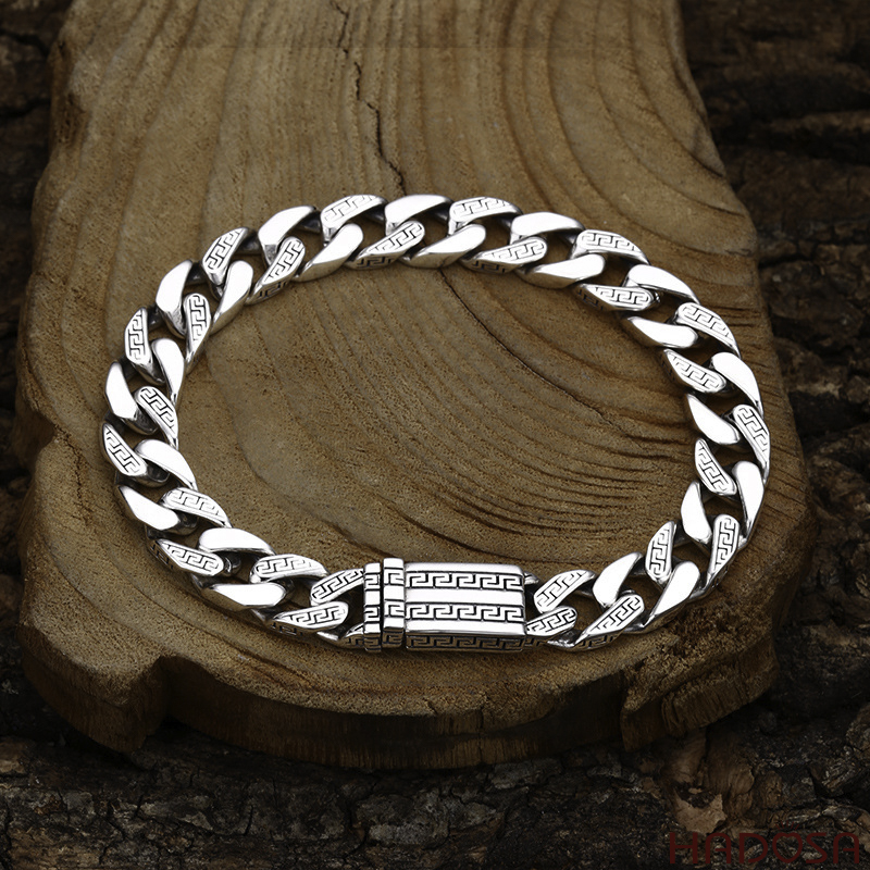 Vòng Tay Nam Bạc Thái Cuban Họa Tiết Meander Cổ Điển