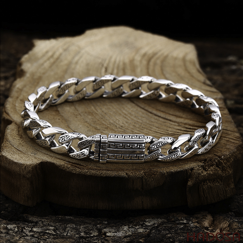 Vòng Tay Nam Bạc Thái Cuban Họa Tiết Meander Cổ Điển