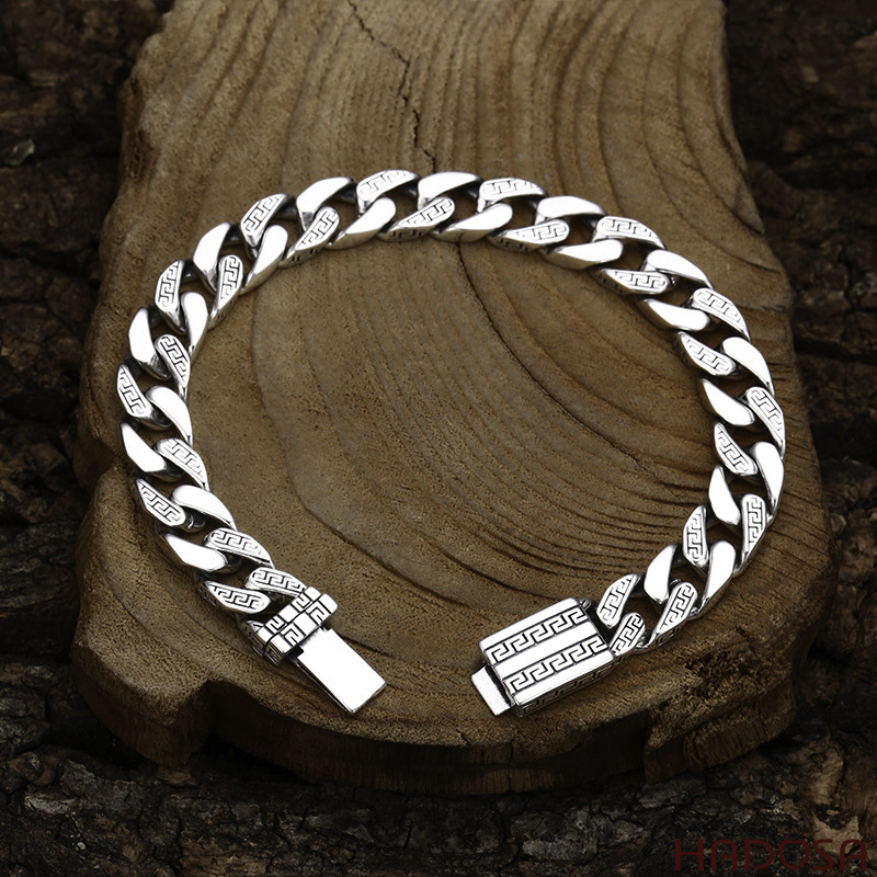 Vòng Tay Nam Bạc Thái Cuban Họa Tiết Meander Cổ Điển