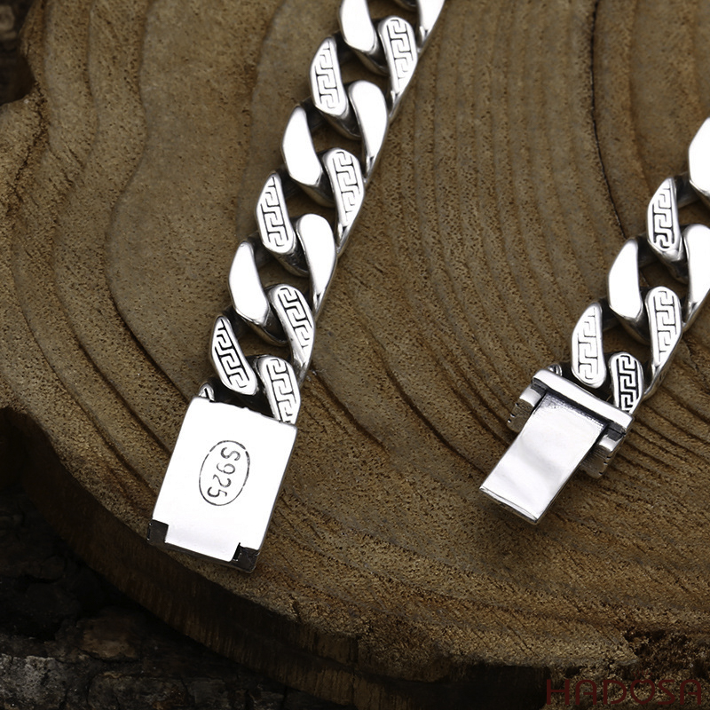 Vòng Tay Nam Bạc Thái Cuban Họa Tiết Meander Cổ Điển