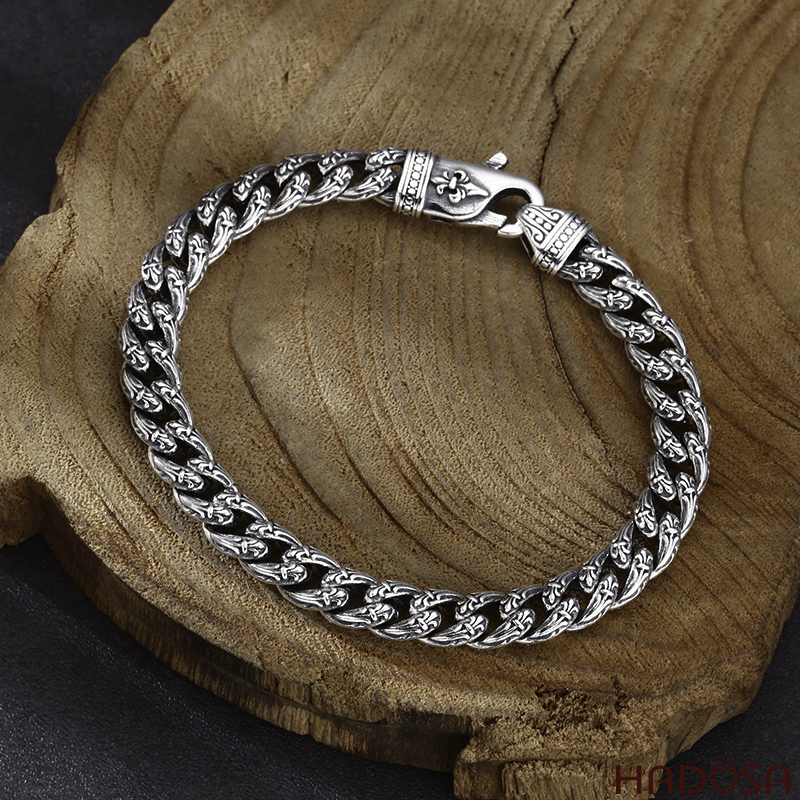 Lắc tay bạc Thái nam khoen lật họa tiết Fleur-de-lis