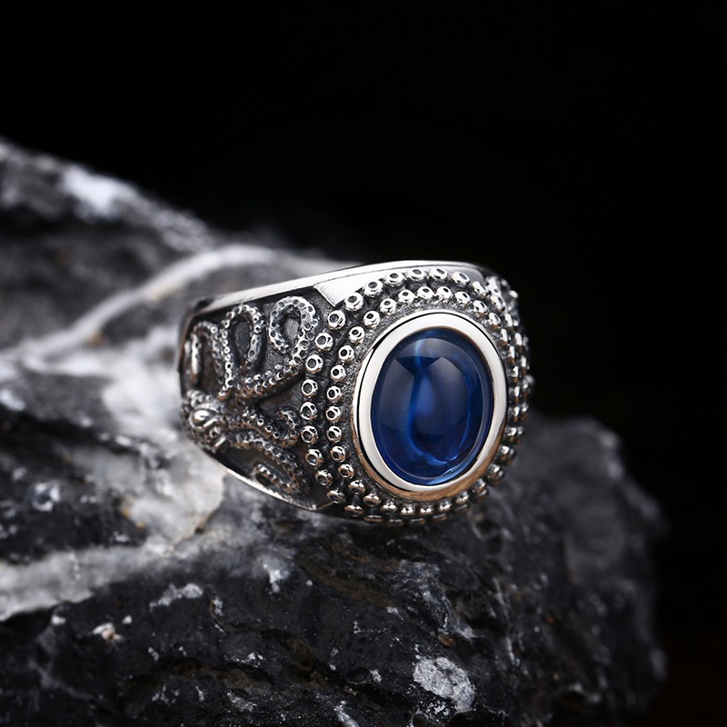 Nhẫn bạc Thái đá xanh bạch tuộc