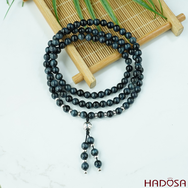 Vòng 108 hạt đá Thạch Anh Mắt Chim Ưng 6mm mix charm bạc 925