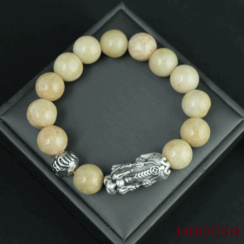 Vòng chuỗi Ngọc Cẩm Thạch Jade A huyết sứ 13mm mix tỳ hưu bạc