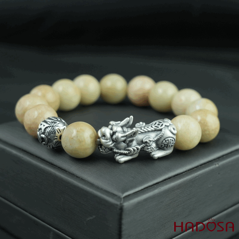 Vòng chuỗi Ngọc Cẩm Thạch Jade A huyết sứ 13mm mix tỳ hưu bạc