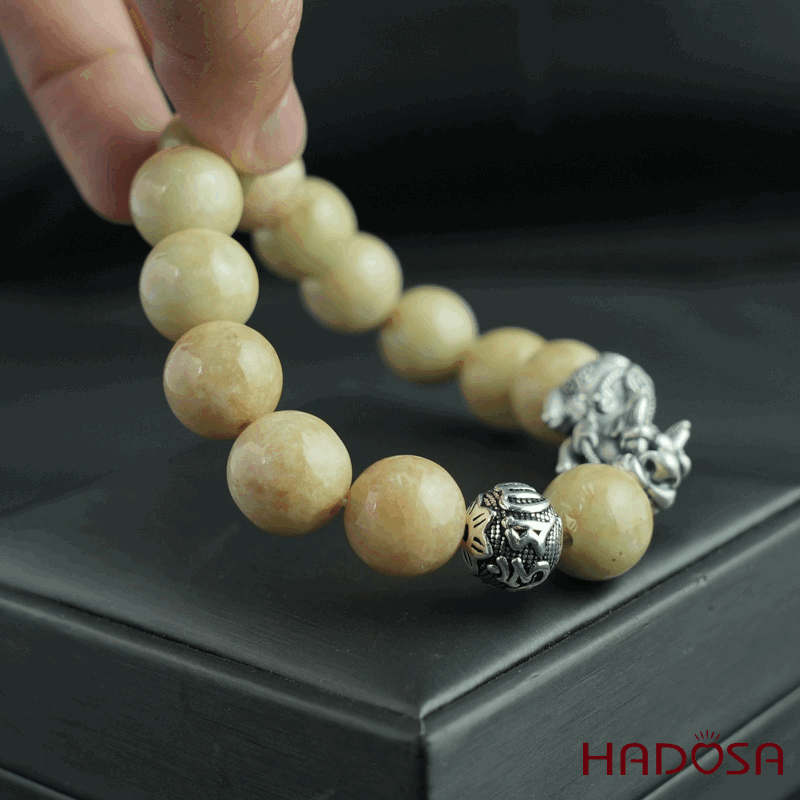 Vòng chuỗi Ngọc Cẩm Thạch Jade A huyết sứ 13mm mix tỳ hưu bạc