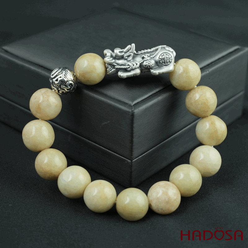 Vòng chuỗi Ngọc Cẩm Thạch Jade A huyết sứ 13mm mix tỳ hưu bạc