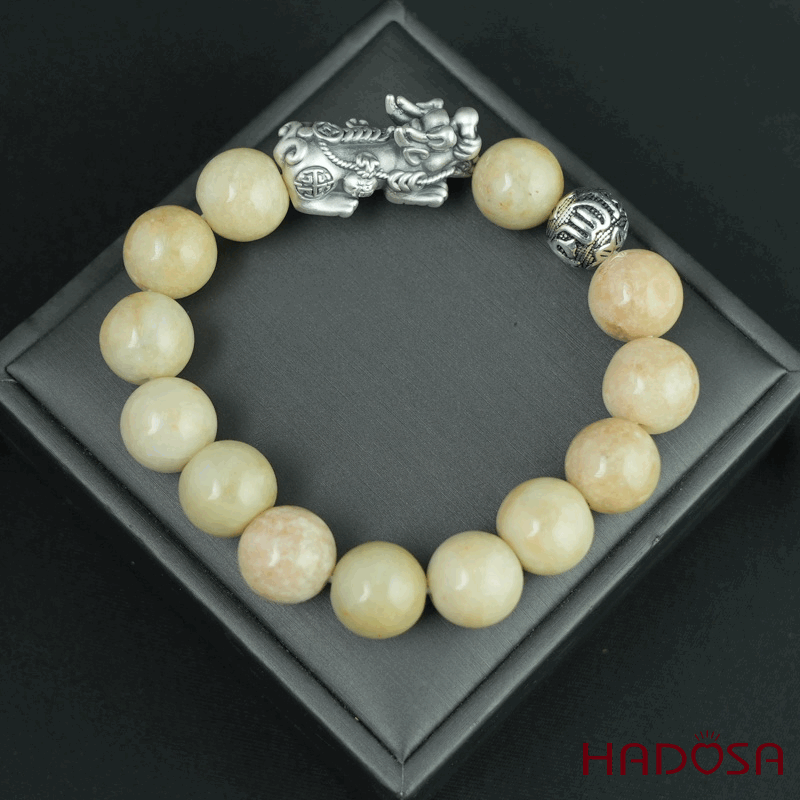 Vòng chuỗi Ngọc Cẩm Thạch Jade A huyết sứ 13mm mix tỳ hưu bạc