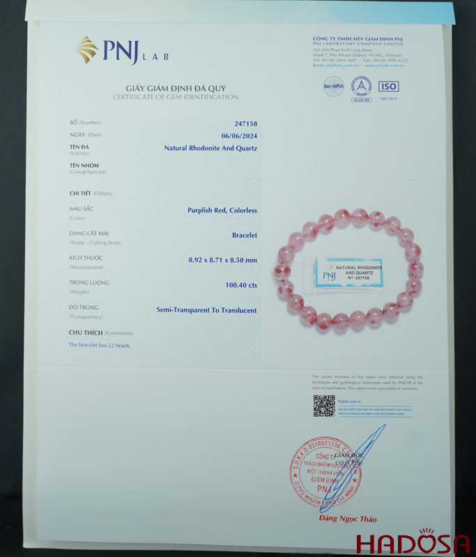 Vòng tay đá Tường Vy Hồng 8mm chuẩn  4A