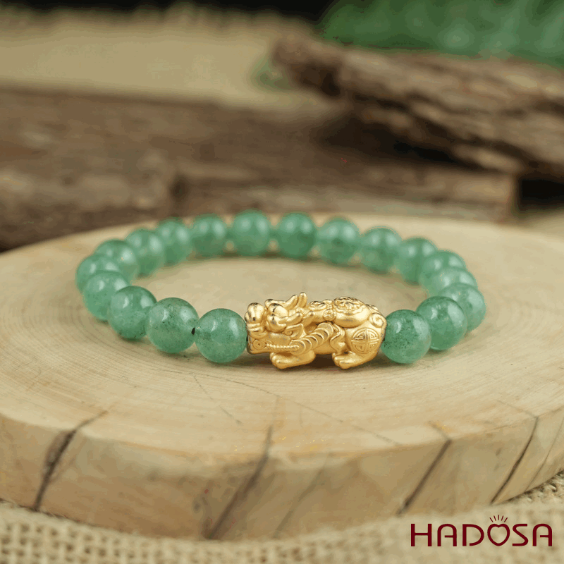 Vòng đá Thạch anh dâu tây xanh 8mm chuẩn 6A mix tỳ hưu bạc mạ vàng