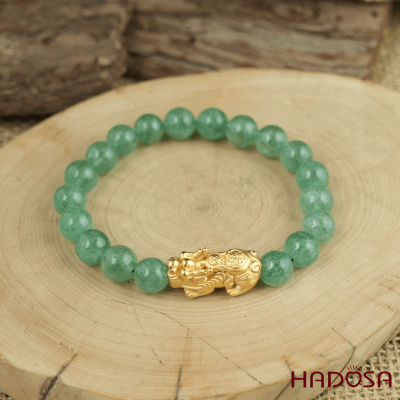 Vòng đá Thạch anh dâu tây xanh 8mm chuẩn 6A mix tỳ hưu bạc mạ vàng