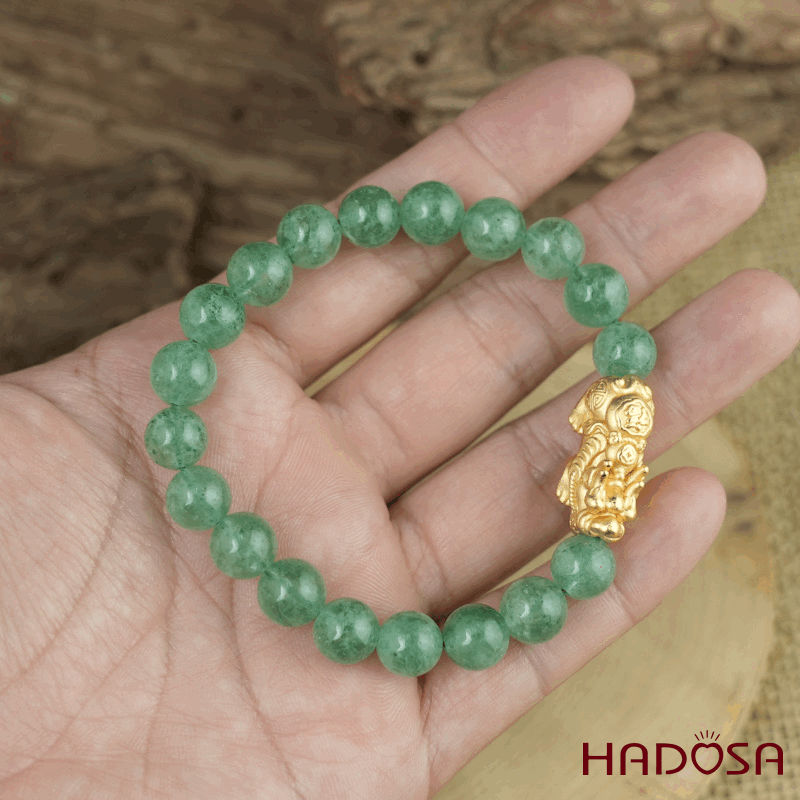 Vòng đá Thạch anh dâu tây xanh 8mm chuẩn 6A mix tỳ hưu bạc mạ vàng